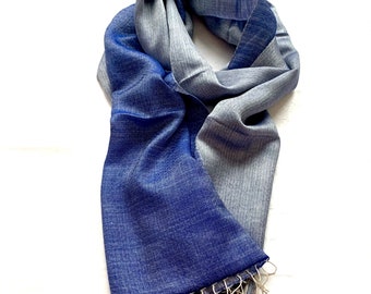 Reversible Blue Shawl Cream Silk Wool Scarf Wrap Stole 28x80 Inches