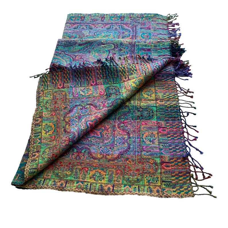 Blue Teal Multicoloured Paisley Boiled Wool Reversible Blanket Bed Throw Wrap 56x78”Inches Green Multi