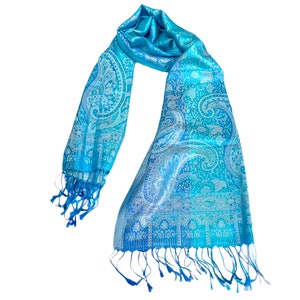 Silk Paisley Design Turquoise Blue Maple Leaf with Scarf Wrap Stole Shawl 22x76 Inches