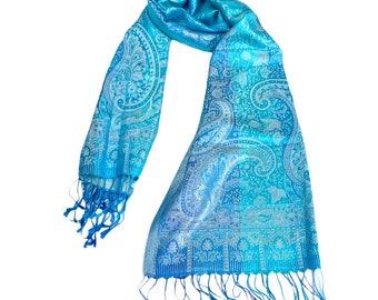 Silk Paisley Design Turquoise Blue Maple Leaf with Scarf Wrap Stole Shawl 22x76 Inches