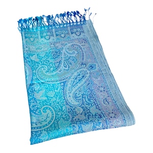 May include: A blue and white paisley patterned scarf with a fringed edge.