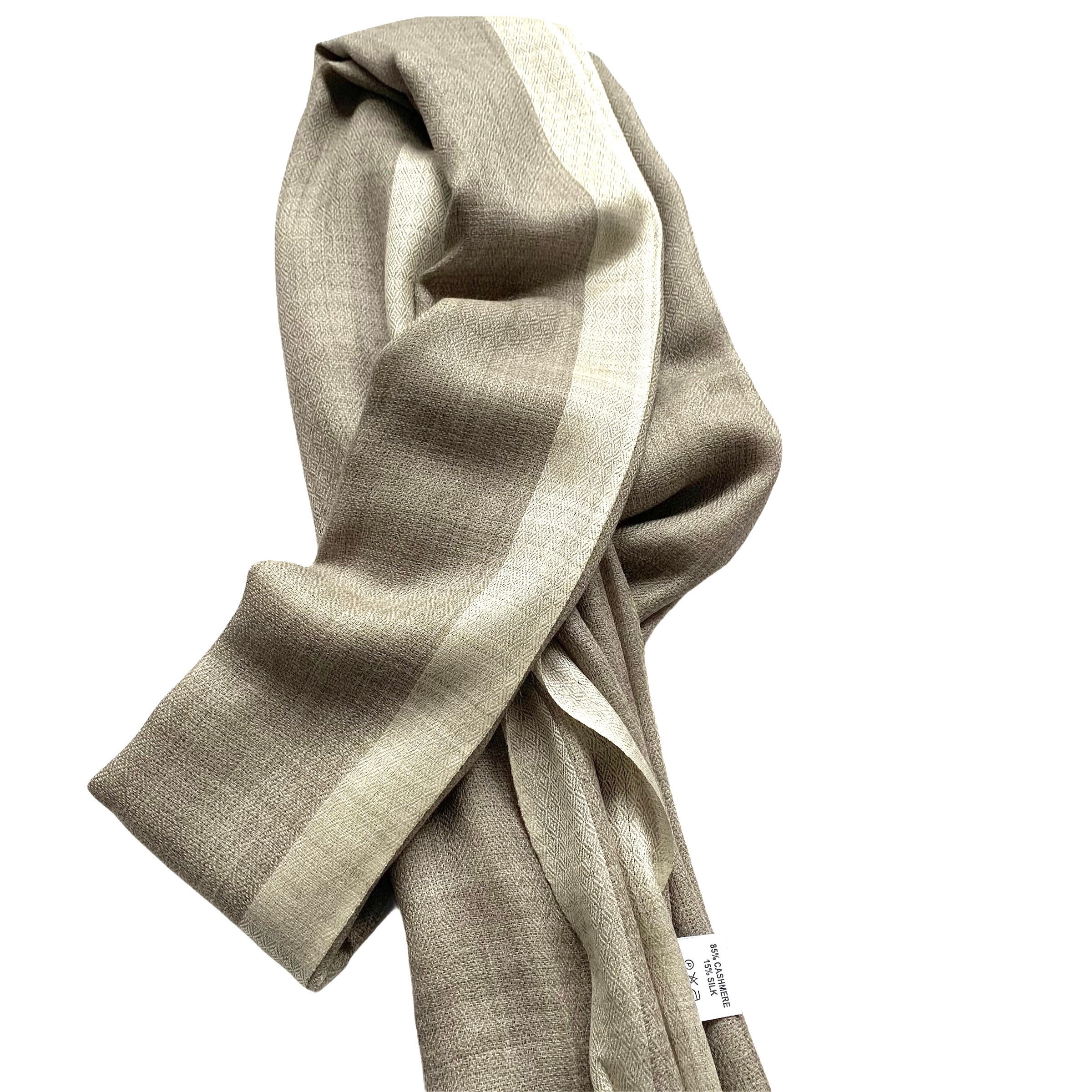 HAND MADE PURE CASHMERE VERY SOFT LARGE STRIPED FRAYED SCARF/WRAP*BEIGE/GREY* 