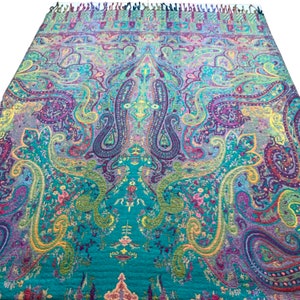 Blue Teal Multicoloured Paisley Boiled Wool Reversible Blanket Bed Throw Wrap 56x78”Inches image 2