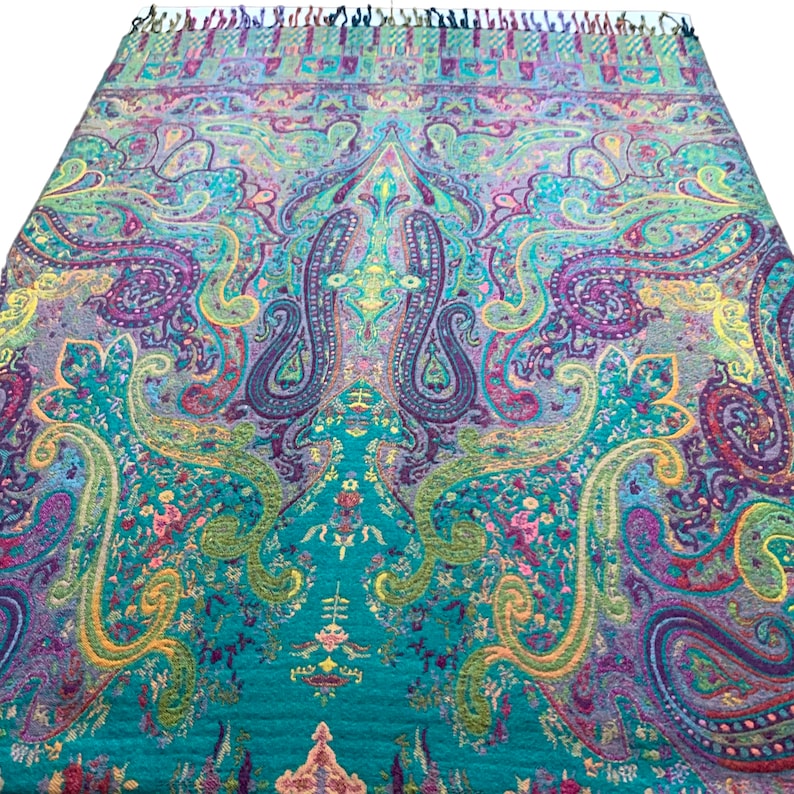 Blue Teal Multicoloured Paisley Boiled Wool Reversible Blanket Bed Throw Wrap 56x78”Inches image 2