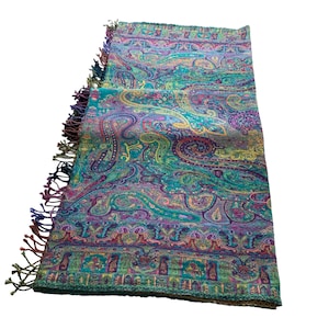 Blue Teal Multicoloured Paisley Boiled Wool Reversible Blanket Bed Throw Wrap 56x78”Inches image 1
