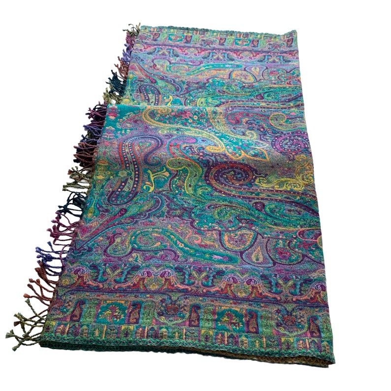 Blue Teal Multicoloured Paisley Boiled Wool Reversible Blanket Bed Throw Wrap 56x78”Inches image 1
