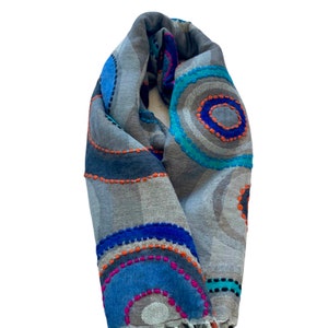Boiled Wool Scarf Stunning Dark Grey Multicoloured Shawl Wrap Stole Hand embroidered Hand Painted 28x76 Inches