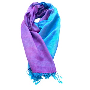Turquoise pink Silk Wool Pashmina Reversible Pink Cream Scarf Shawl Wrap Stole 28X80 Inches
