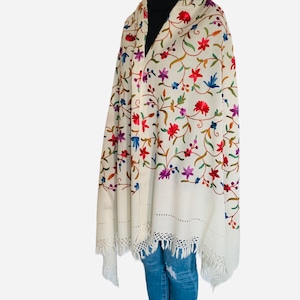 White Wool Shawl Floral Silk Embroidered Scarf Wrap Stole 28x80 Inches