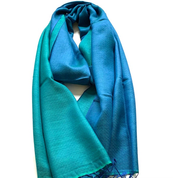Blue Teal Silk Wool Pashmina Shawl Scarf Stole Wrap 28x80 Inches