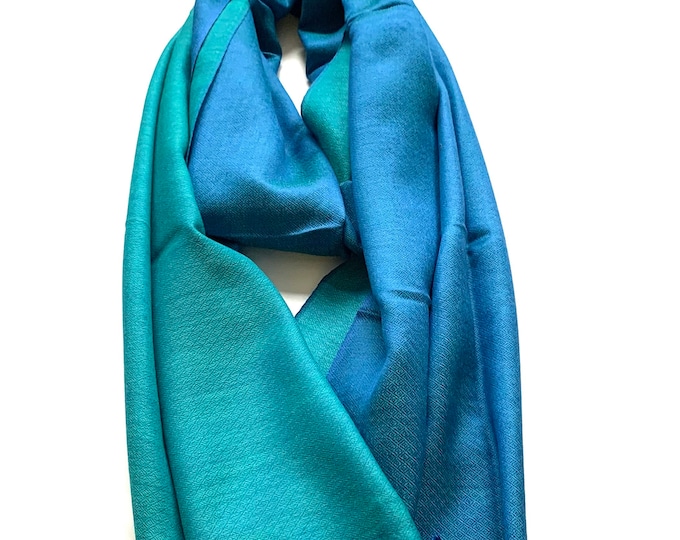 Blue Teal Silk Wool Pashmina Shawl Scarf Stole Wrap 28x80 Inches