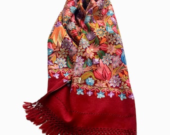 Handmade  Burgundy Floral Shawl  Wool Scarf Wrap Hand Embroidered Stole 28x80 Inches
