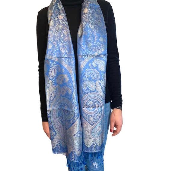 Silk Paisley Cyan Blue Scarf Pashmina Wrap Stole 22x72 Inches