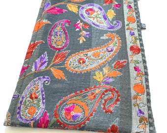 Grey Paisley Embroidered Thick Merino Wool Scarf/Shawl/Wrap /Stole 28x76”Inches