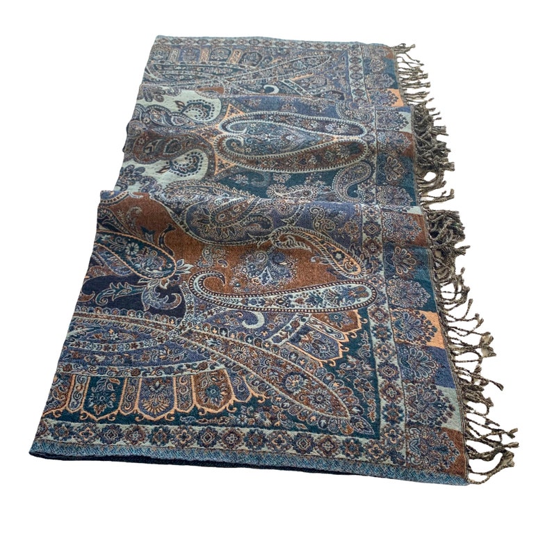 Blue Teal Multicoloured Paisley Boiled Wool Reversible Blanket Bed Throw Wrap 56x78”Inches blue teal