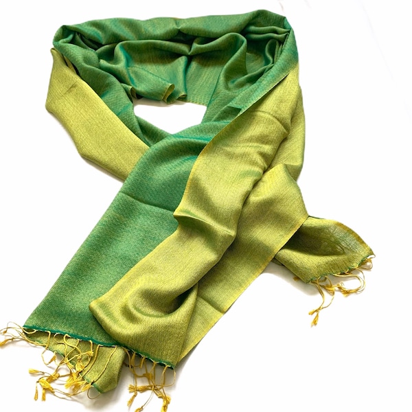 Green Mustard Silk Wool Pashmina Reversible Pink Cream Scarf Shawl Wrap Stole 28X80 Inches