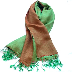 Brick Red and Green Silk Wool Pashmina Reversible Scarf Shawl Wrap Stole 28X80 Inches