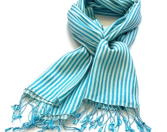 Turquoise and White Striped Silk-Wool Scarf/Shawl/Wrap/Stole 28x80”inches