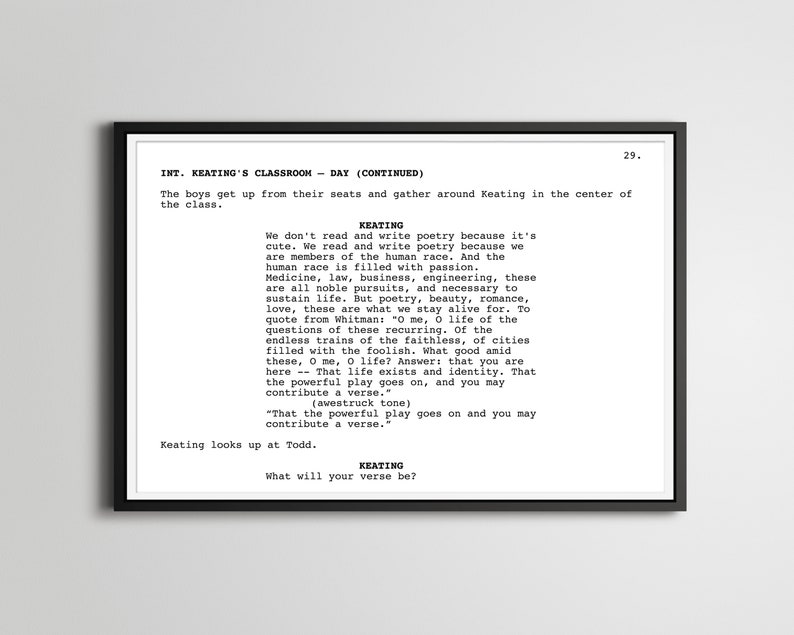 Dead Poets Society Verse Screenplay POSTER up to Etsy