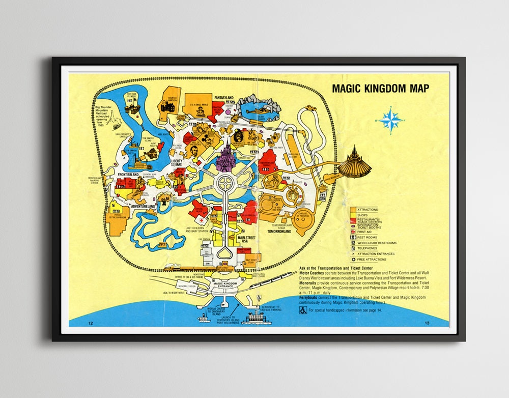 Vintage 1980 DISNEY WORLD Park Map Poster 24 X 36 Or