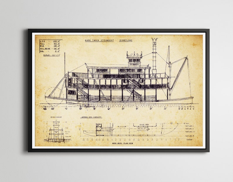 Disney Riverboat 24 x 36 or smaller Rivers of America Frontierland - Disneyland Vintage Mark Twain STEAMBOAT Blueprint POSTER!