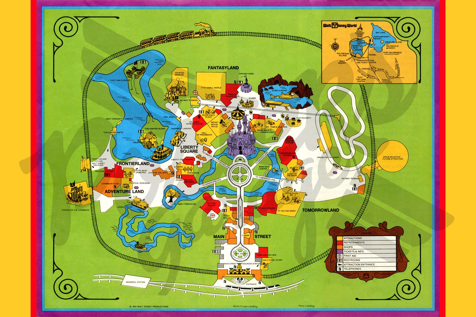 Vintage 1974 Disney World Park Map Poster 24 X 36 Or Etsy