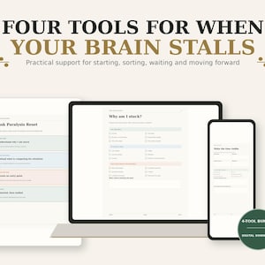 Può includere: Un pacchetto digitale di 4 strumenti per la gestione delle attività visualizzato su tablet, laptop e smartphone. Gli schermi mostrano moduli intitolati Task Paralysis Reset, Why am I stuck? e Make the time visible con caselle di controllo.