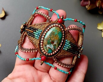 Chrysocolla bracelet- Bead embroidered stone leather geometric bracelet- Beaded cuff bracelet- Festival bracelet- Bonus mom gift
