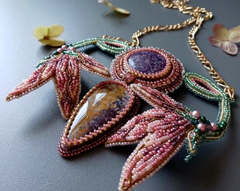 3d pink flower necklace, 2 Stone Pendant, Art nouveau necklace, Bonus mom gift, Bead embroidered agate necklace lepidolite pendant