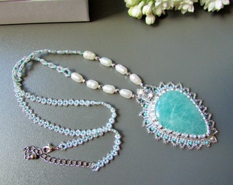 Designer necklace,Amazonite heart white pearl necklace ,Bead embroidered amazonite pendant, Bonus mom gift, Heart shaped jewelry