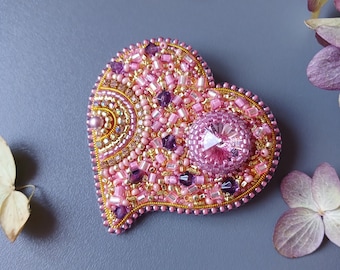 Heart brooch, Rose heart brooch, Bonus mom gift, Beaded brooch pin, Valentine heart pin, Heart shaped jewelry