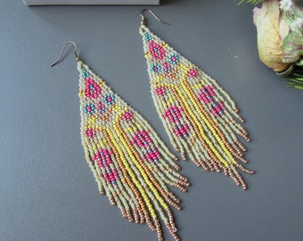 Flower print earrings, Fringe beaded earrings , Yellow fringe boho chic earrings , Mexican folk art
