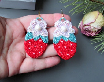 Strawberry flower colorful earrings ,Bonus mom gift, Bead embroidered fruit jewelry, Trendy earrings, Summer earrings