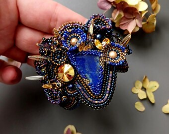 Lapis lazuli cuff, Bead embroidered floral cuff bracelet Blue gold beaded cuff bracelet, Elegant accessory Bonus mom gift