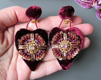 Heart stud earrings, Clip on earrings, Burgundy earrings, Velvet earrings, Bead embroidered cross earrings, Bonus mom earrings