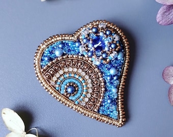 Heart brooch, Blue heart brooch, Bonus mom gift, Valentine heart pin, Beaded brooch pin, Heart shaped jewelry