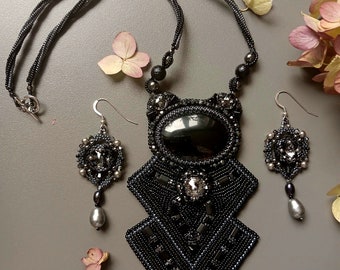 Pendant earrings set Black agate necklace, Stone leather black agate pendant,Bead embroidered black big necklace, Bonus mom gift