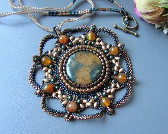 2 Stone pendant, Mandala flower ocean jasper pendant carnelian necklace, Bonus mom gift, Stone leather bead embroidered designer necklace