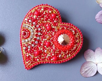 Heart brooch, Red heart brooch, Bonus mom gift, Beaded brooch pin, Valentine heart pin, Heart shaped jewelry