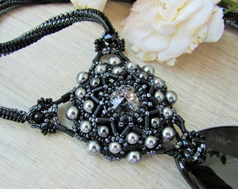 Black agate pendant ,Large agate necklace, Black beadwoven necklace with austrian crystals , Miyuki black and silver earrings