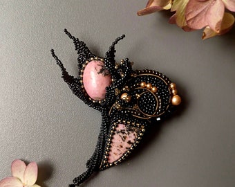Pink flower brooch, Tulip beaded brooch, bead embroidered black brooch pin, Bomus mom gift