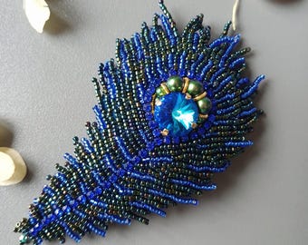 Beaded Peacock Feather Brooch: Austrian Crystal Embroidered Bird Pin