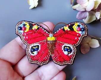 Peacock eye realistic butterfly insect brooch,Red butterfly bead embroidered brooch, Bonus mom gift