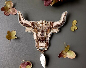 Cow skull art, Bull skull, Zodiac sign brooch, Taurus bull bead embroidered skull brooch