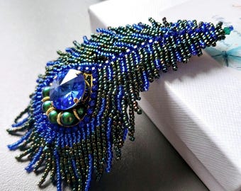 Handmade Peacock Feather Brooch: Beaded Austrian Crystal Pin