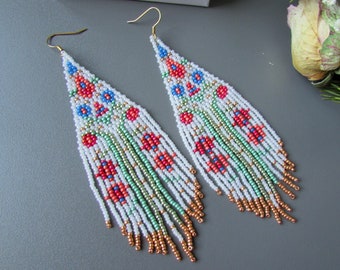 Fringe beaded earrings , Peach white mint flower boho chic earrings , Mexican folk art