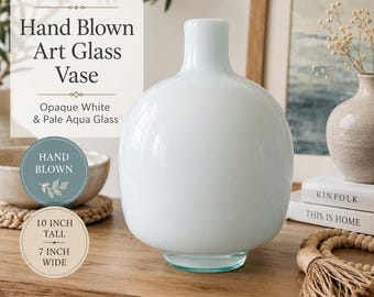 Vintage Hand-Blown Cased Art Glass Bottle Vase | Opaque White & Pale Aqua Glass | Scandinavian Modern Decor | Minimalist Studio Art Glass