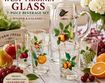 Vintage Handmade West Virginia Glass 7-Piece Fruit Beverage Set | Original Label | Pitcher & 6 Glasses | Gold Rim Mid-Century Barware