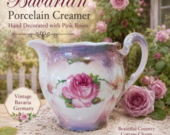 Vintage Bavaria Porcelain Creamer | Hand Decorated Pink Roses | Iridescent Luster Finish | Cottage Cottagecore Tea Table Decor
