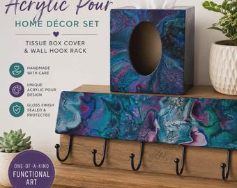 Handmade Acrylic Pour Home Décor Set | Matching Tissue Box Cover & Wall Hook Rack | Teal Purple Silver Fluid Art | Functional Wall Organizer